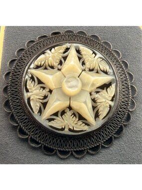 Vintage Jerusalem Pendant Carved Mother of Pearl Star 935 Silver Large Pierced F